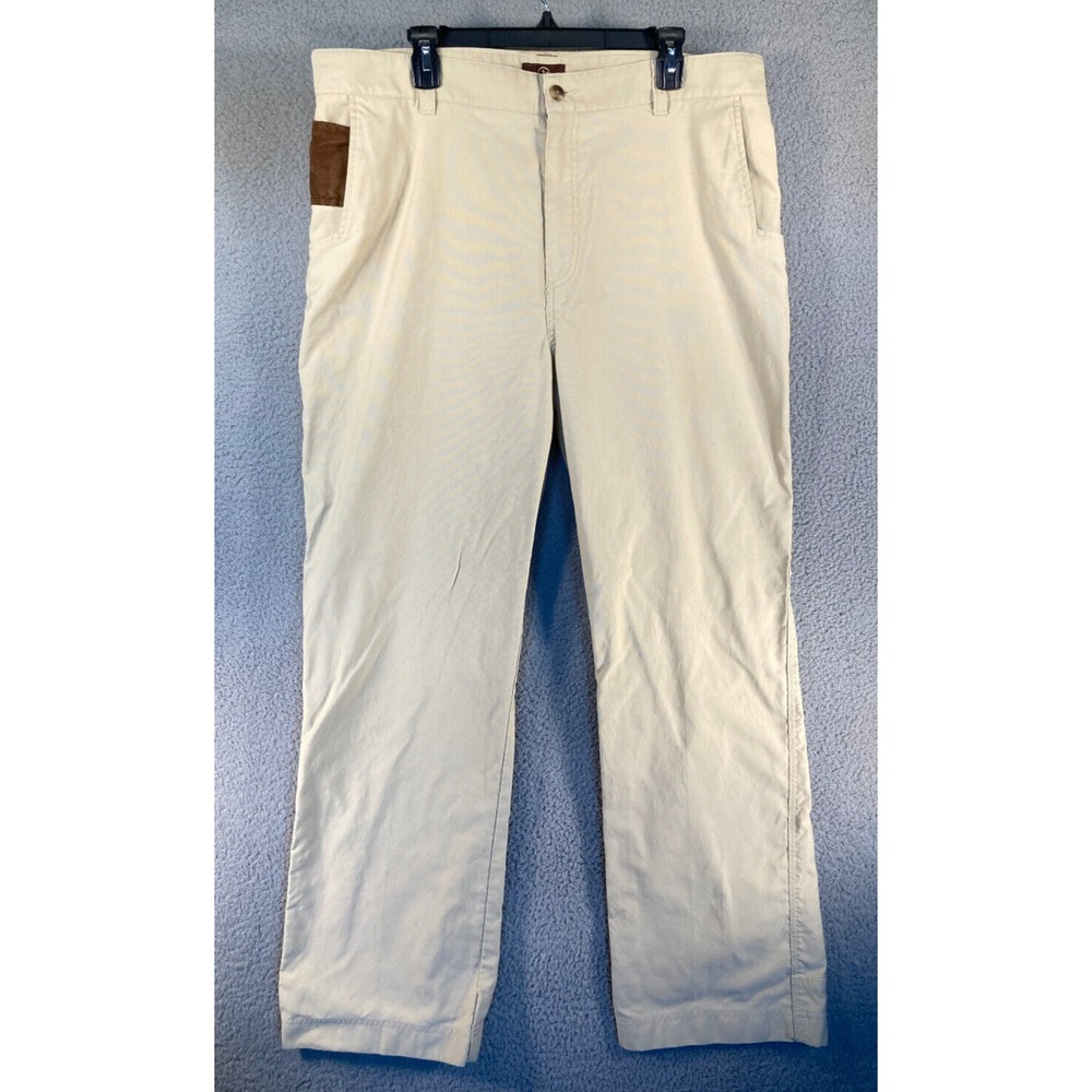 Three Forks Ranch Pants Men's 38x34 Khaki Chinos Leather Like Accents Cotton